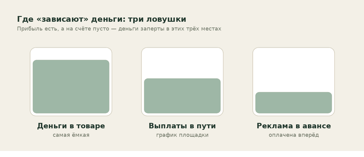 Три «ловушки», где застревают деньги продавца на маркетплейсе: товар, выплаты в пути, внешняя реклама