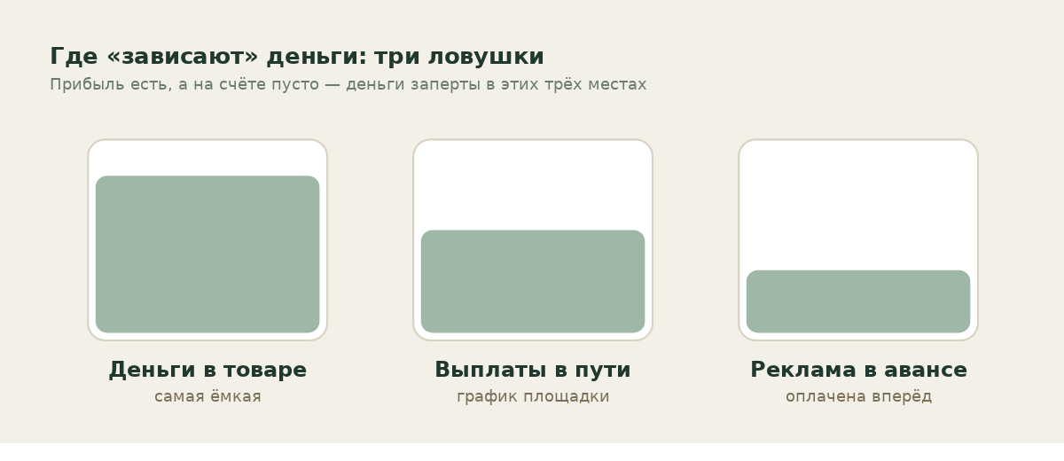 Три «ловушки», где застревают деньги продавца на маркетплейсе: товар, выплаты в пути, рекламный аванс